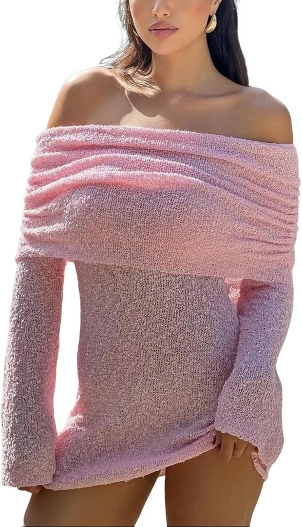 Unybwonn Women's Off Shoulder Mini Short Dress Bodycon Long Sleeve Crochet Sexy Going Out Mesh Elegant Sweater Dresses (Pink)