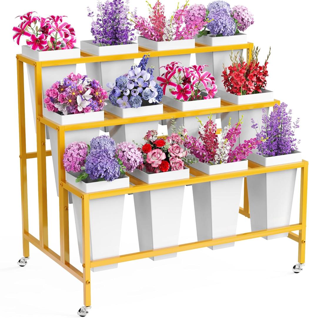 Asee'm Flower Display Stand with 12 Buckets, 3 Layer Metal Flower Bar Stand with Wheels Heavy Duty Moving Flowers Cart Display Bloom Bar for Florist Indoor Outdoor Patio Garden Wedding Dector Gold