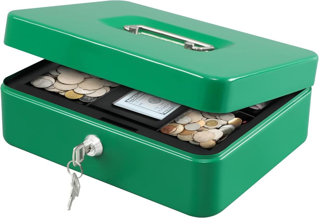 KYODOLED Large Lock Box with Money Tray,Storage Cash Box with Lock,Safe Metal Box for Money,9.84"x 7.87"x 3.54" Green Large