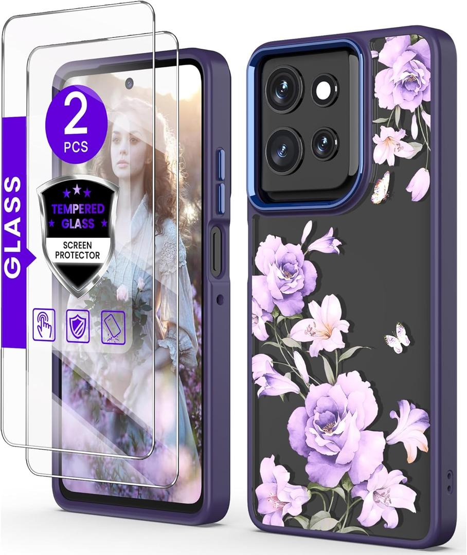 for Motorola Moto G Power 5G 2025 Case+Tempered Glass Screen Protector, Military Grade Protective Slim Soft TPU+Hard PC,Girls Women Crystal Clear Flower Pattern Case Cover (Deep Purple), Pack of 2