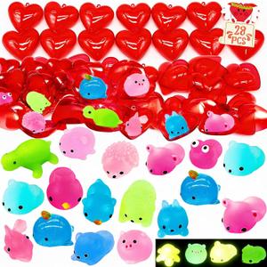28PCS Valentines Gifts Cards with Kawaii Mochi Squishy Toy, Glow in The Dark Mini Cute Animal Squishies Stress Relief Toy for Kids, Valentine Party Favors, Classroom Exchange Prizes