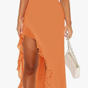 Women Sexy V Neck Sleeveless Mesh Ruffle Hem Bodycon Maxi Casual Backless High Slit Cocktail Party Dress, Medium