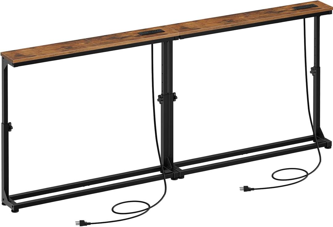 HOOBRO Narrow Console Table Set of 2 with Charging Station, Adjustable Height Sofa Table (25''-32.9''), Slim Behind Couch Table for Small Spaces, Entryway, Living Room, 78.8" Rustic Brown BF95UXGP201