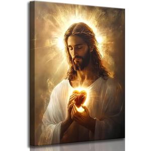 Sacred Heart of Jesus Canvas Wall Art Christ Jesus Divine Mercy Portrait Tranquility Painting Picture Wall Decor Poster Print Artwork for Living Room Bedroom Church Prayer Room Home Decoration, 24x16