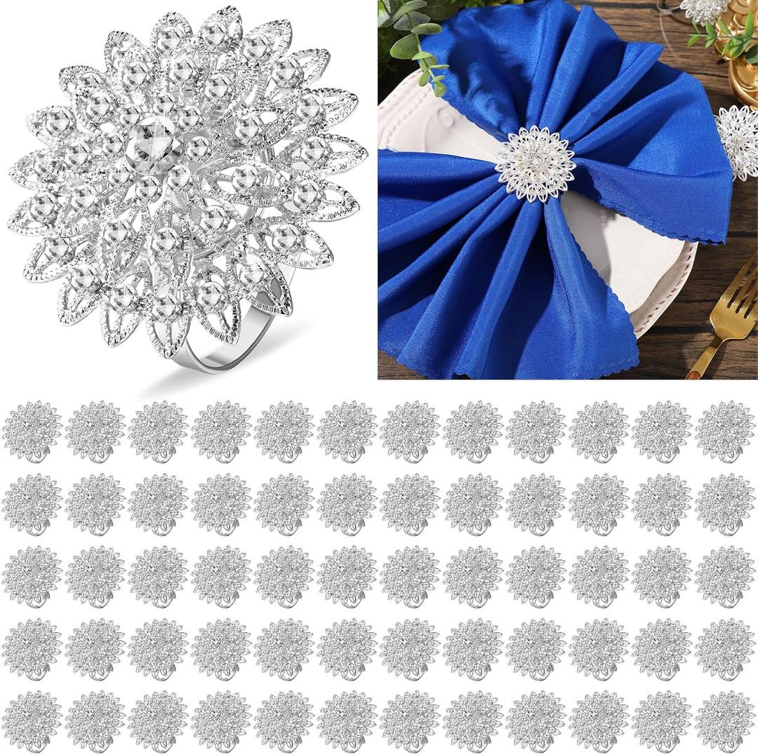Geiserailie 12 Pcs Silver Napkin Rings Flower Crystal Bling Rhinestone Rings Floral Rhinestone Napkin Holders for Wedding Birthday Party Dinner Home Table Decoration