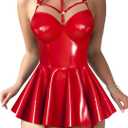 SLeather Underwire Choker Garter Belt Mini Lingerie Set Dress with Thong