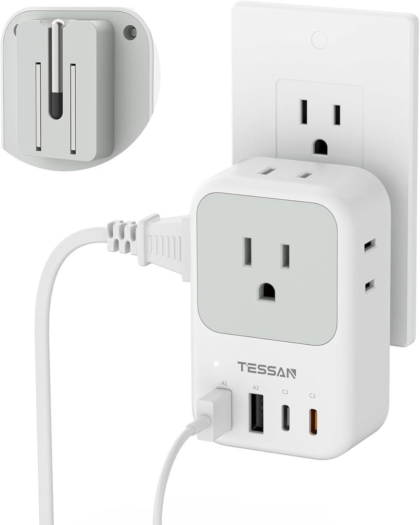 TESSAN USB-C Charger Block 20W PD, Fast Charging Adapter with Foldable Plug | 1875W Power Outlet Extender(4 AC and 4 USB) for Cruise, Home, Office, Dorm Room Essentials, Grey