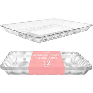 Prestee 12-Pack Serving Tray - 9x13 Inches Disposable Rectangular Plastic Food Tray for Parties and Events - Clear Platters for Dessert Table Displays, Appetizers, Snacks, and More