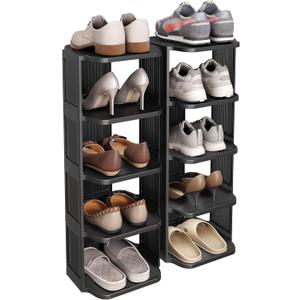 Kitstorack 10 Tiers Stackable Shoe Rack for Closet and Front Door Entrance - Free Standing Plastic Stand, Narrow Tall Vertical Organizer for Small Spaces Storage (Black)