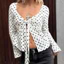Women Y2k Polka Dot Bow Tie Front Split Hem Peplum Crop Tops Coquette Sweetheart V Neck Long Sleeve Fall Shirts (S)