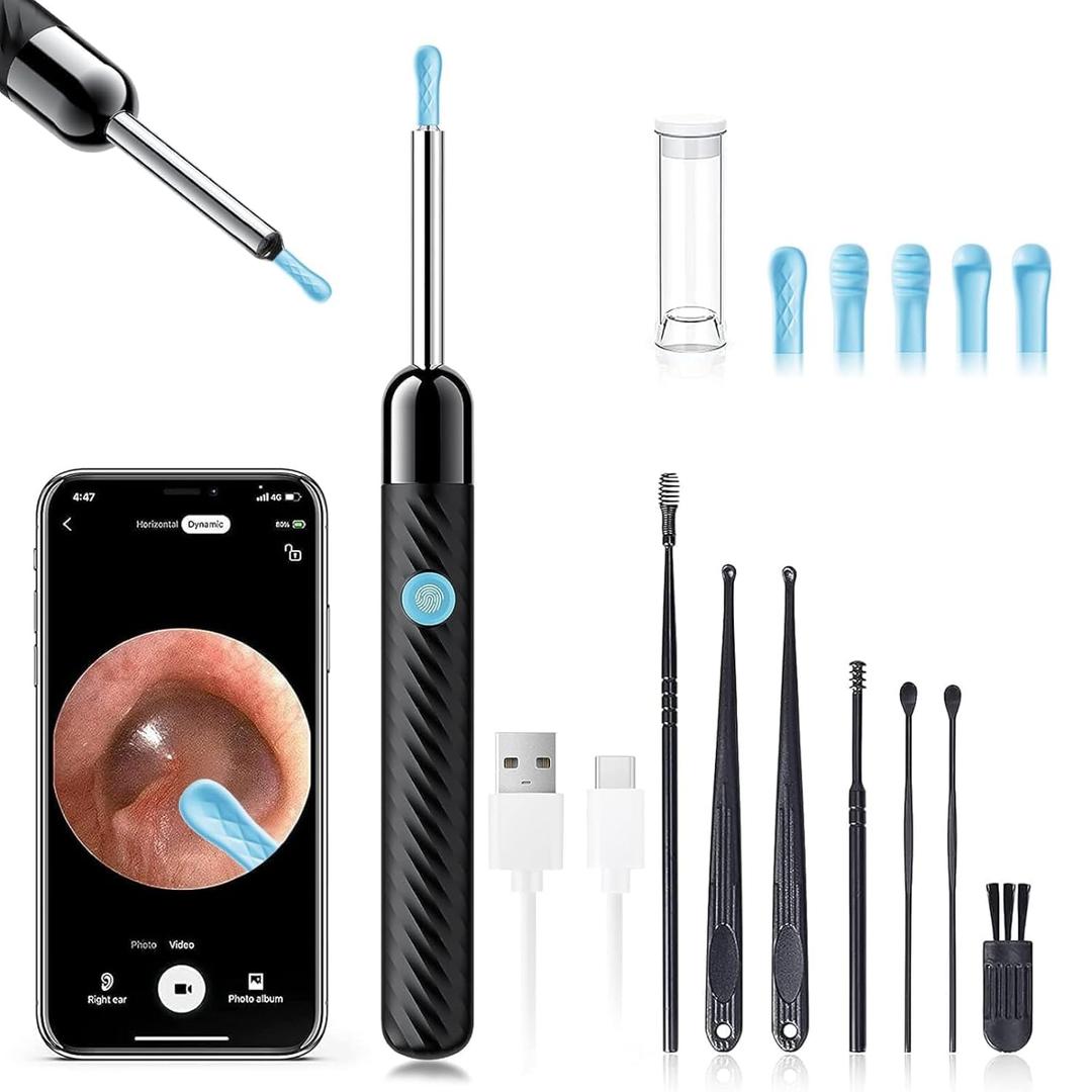 LEIPUT Ear Wax Removal - Earwax Remover Tool with 8 Pcs Ear Set - Ear Canal Cleaner with 1080P Camera - FSA HSA Eligible - Ear Cleaning Kit with 6 Ear Spoon - Ear Camera for iOS & Android (Black)