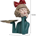 Girl Figurine Decor Resin Decoration Creative Ornament Figure Art Sculptures and Statues for Home Office Living Room Table, Bow with Tray Green