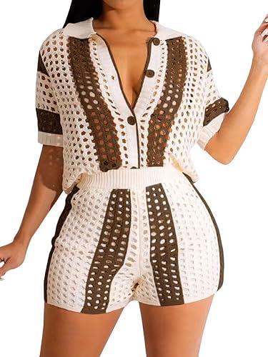 KANSOON Short Sets Women 2 Piece Outfits Knit Color Block Short Sleeve Button Down Shirt and Shorts Set 2XL