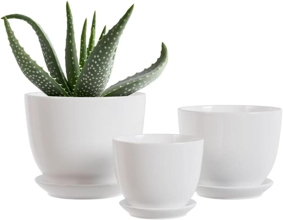 White Ceramic Plant Pots,Set of 3 Indoor Flower Pot with Saucers Small to Medium Sized Planters for Plants,Round Modern Garden Pots(White)