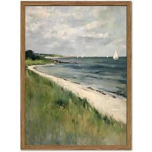 Vintage Coastal Sailboat Wall Art, Ocean Beach Landscape Wall Decor Painting Rustic Nautical Poster Canvas Prints Picture for Living Room Bedroom Farmhouse 16x24 inch Wood Framed