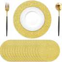 50PCS Gold Paper Placemats Disposable 13.4 Inch Shiny Golden Place Mats Round Decorative Glitter Table Mats for Birthday Wedding Holiday Party Supplies Sparkle Dining Tableware