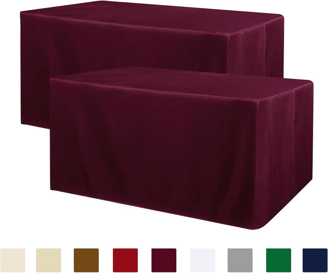 Obstal 2 Pack Fitted Table Covers for 8 Foot Tables - Water Resistant Washable Fabric Polyester Rectangle Table Cover Protector for Wedding, Banquet and Trade Shows, 96L x 30W Inches, Burgundy (8FT | 2 Pack)