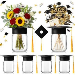 6 Sets 2026 Graduation Centerpieces for Tables, Mason Jar Centerpieces with Graduation Cap with Hole for Flowers, Class of 2026 Table Decorations, Congrats Party Supplies for College High School