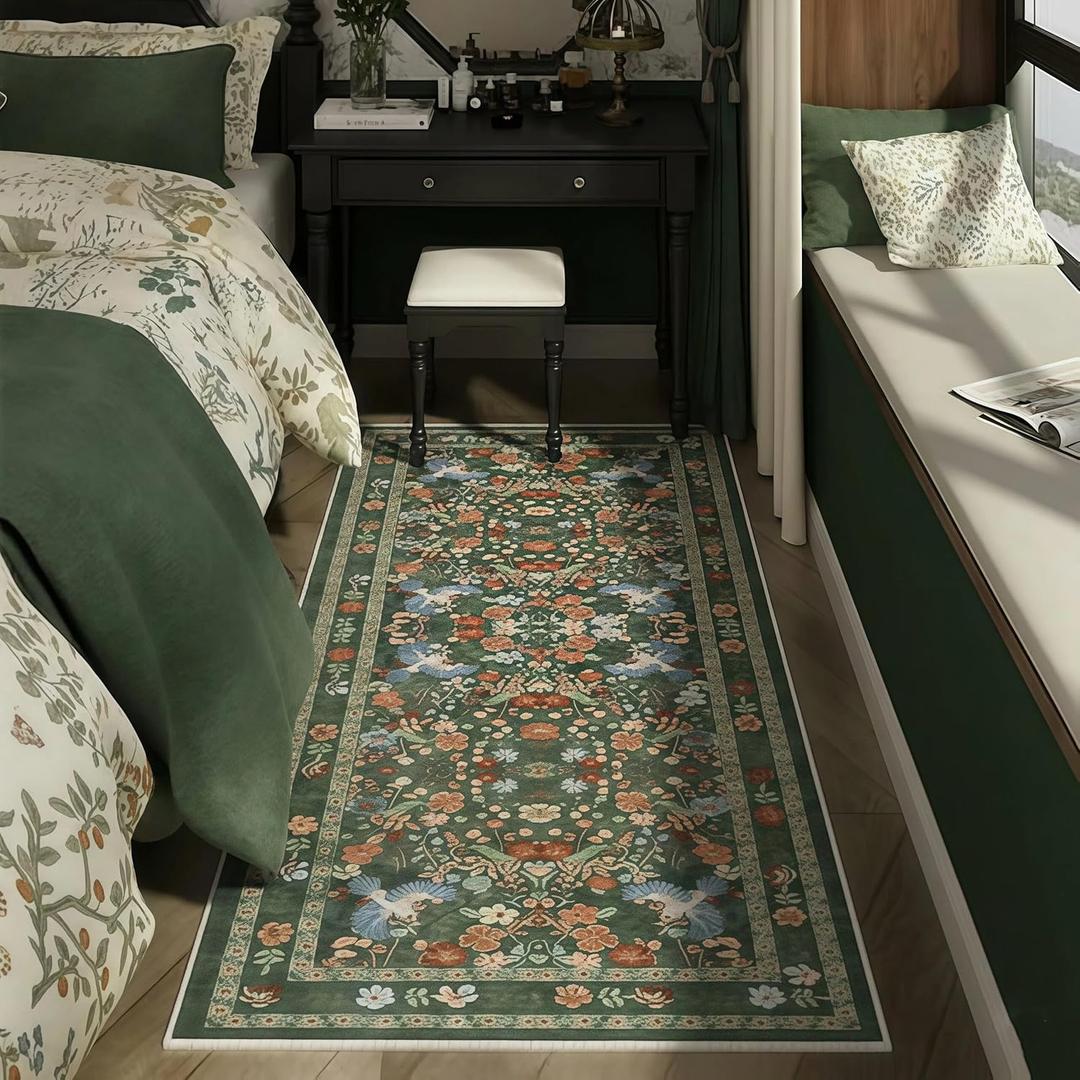 Vintage Floral Animal Rug - Non Slip Washable Low Pile Runners for Hallways - Boho Home Dcor Carpet for Living Room, Bedroom, Entryway, Office (2'x6' Bird)