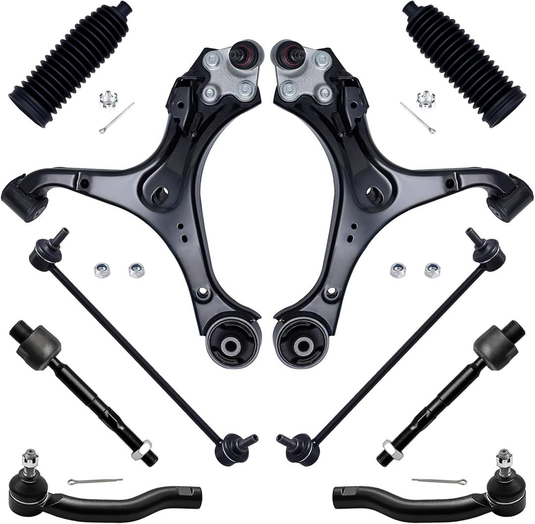 AUQDD 10Pc Front End Suspension Kit Fit For 2012-2015 Ho-nda Civic /13-15 Ac-ura ILX, 2 Lower Control Arm w/Ball Joint 2 Sway Bar Link 4 Outer & Inner Tie Rod End (# 520-695 K750605 EV800906 ES800912)