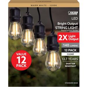 Feit Electric S14 LED Filament Light Bulbs, High Output, 2200K Warm White, 140 Lumens, String Light Replacement Bulbs, 15,000-Hour Lifespan, Clear Durable Housing, S14HO/822/FIL/12, 12 Pack