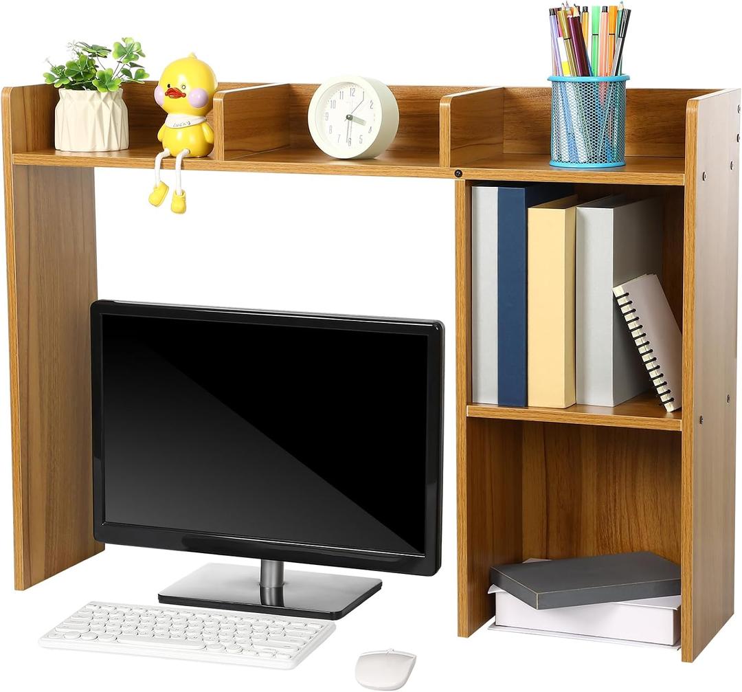 Briwooody Dorm Desk Bookshelf Desk Hutch Organizer with 5 Shelves and 3 Tier Desktop Hutch Storage Organizer for College Dorm Home Office Supply, 32.5 x 23.5 x 8 Inch (Wood), 32.3 x 23.6 x 7.9 inches