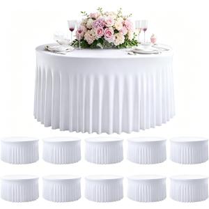 10 Pack White 120 Inch Stretchy Fitted Spandex Tablecloths for 60 Inch Round Tables, Wrinkle Free Washable Polyester Table Covers with Skirt for Wedding Birthday Banquet Events, 120 Spandex Tablecloths -10pcs