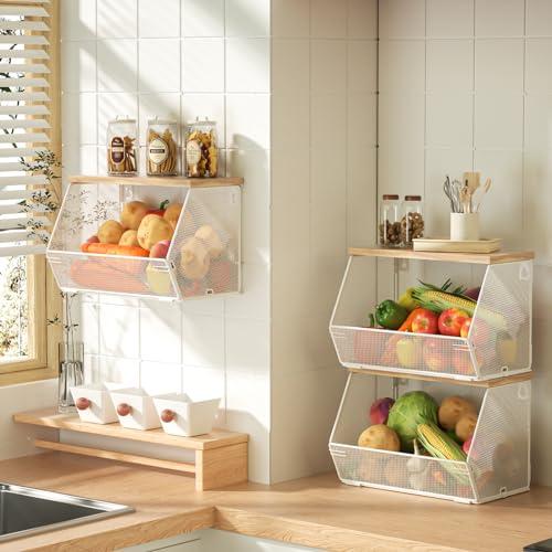 3-Pack Stackable Wire Basket with Wood Lid - Wall Mounted Fruit & Vegetable Bowl for Kitchen, Potato & Onion Storage