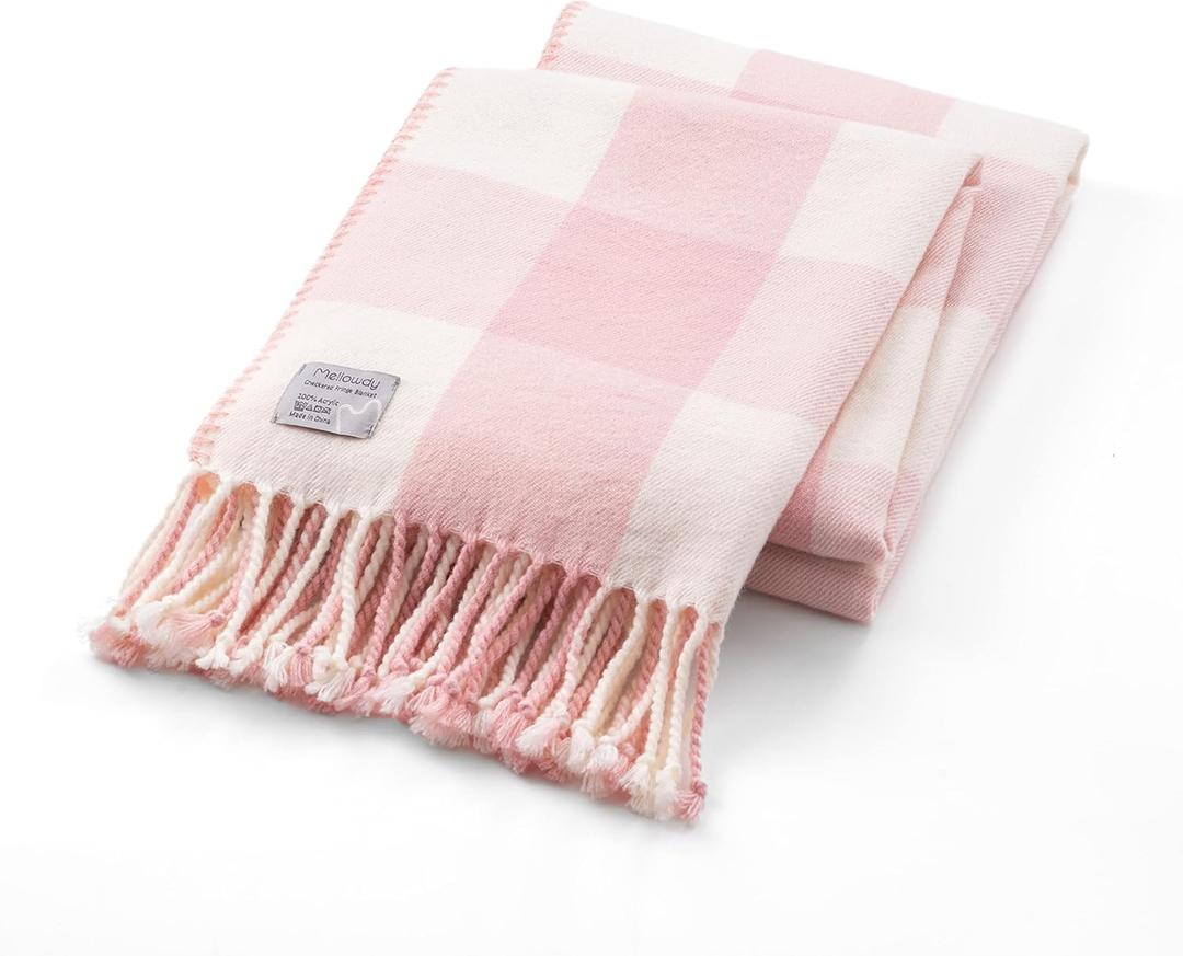 Mellowdy Classic Checkered Blanket - Faux Cashmere Plaid Throw with Fringe - Soft Woven, Lightweight, Farmhouse, Vintage Inspired Dcor for Couch, Chair, Office (Lotus Pink, 50x60)