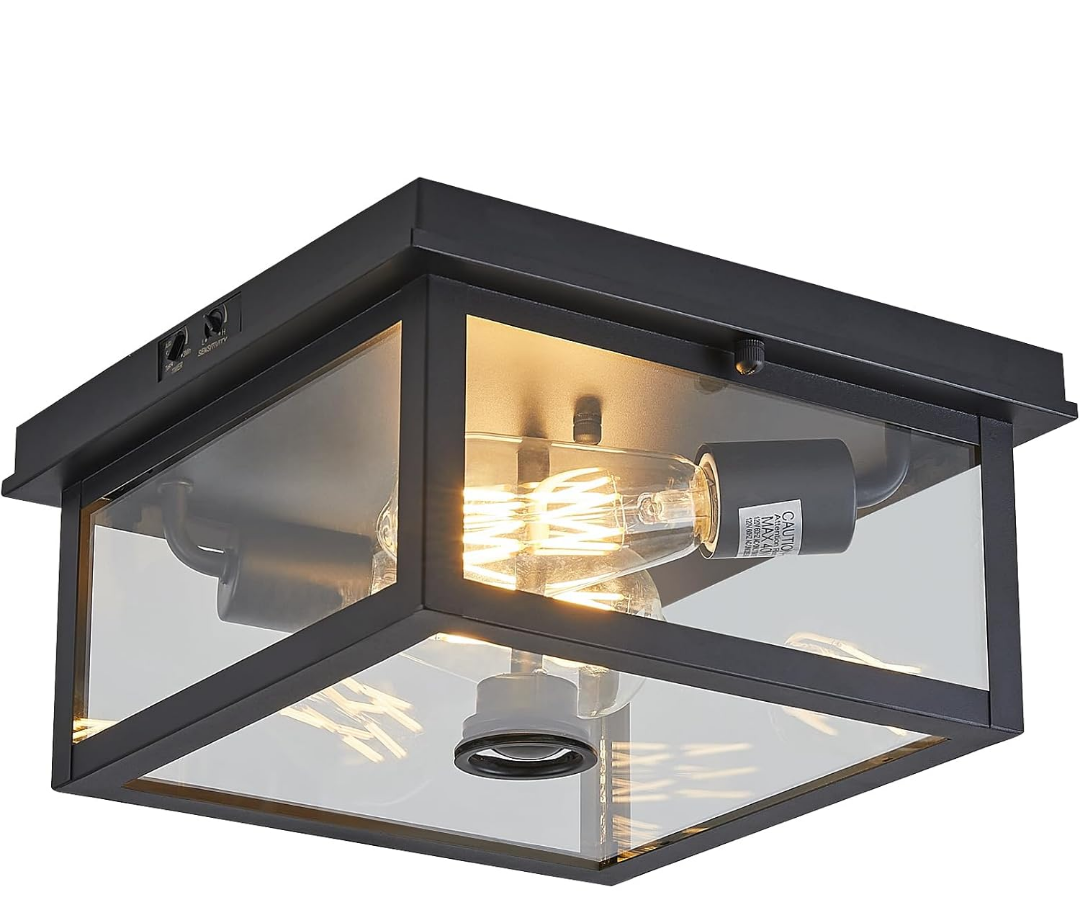 Adjustable Motion Sensor Ceiling Light Fixture Outdoor Modern Design of Squares Flush Mount 2-Light Textured Black with Clear Glass for Your Porch,Garage,Patio,Hallway,Front and Back Yards