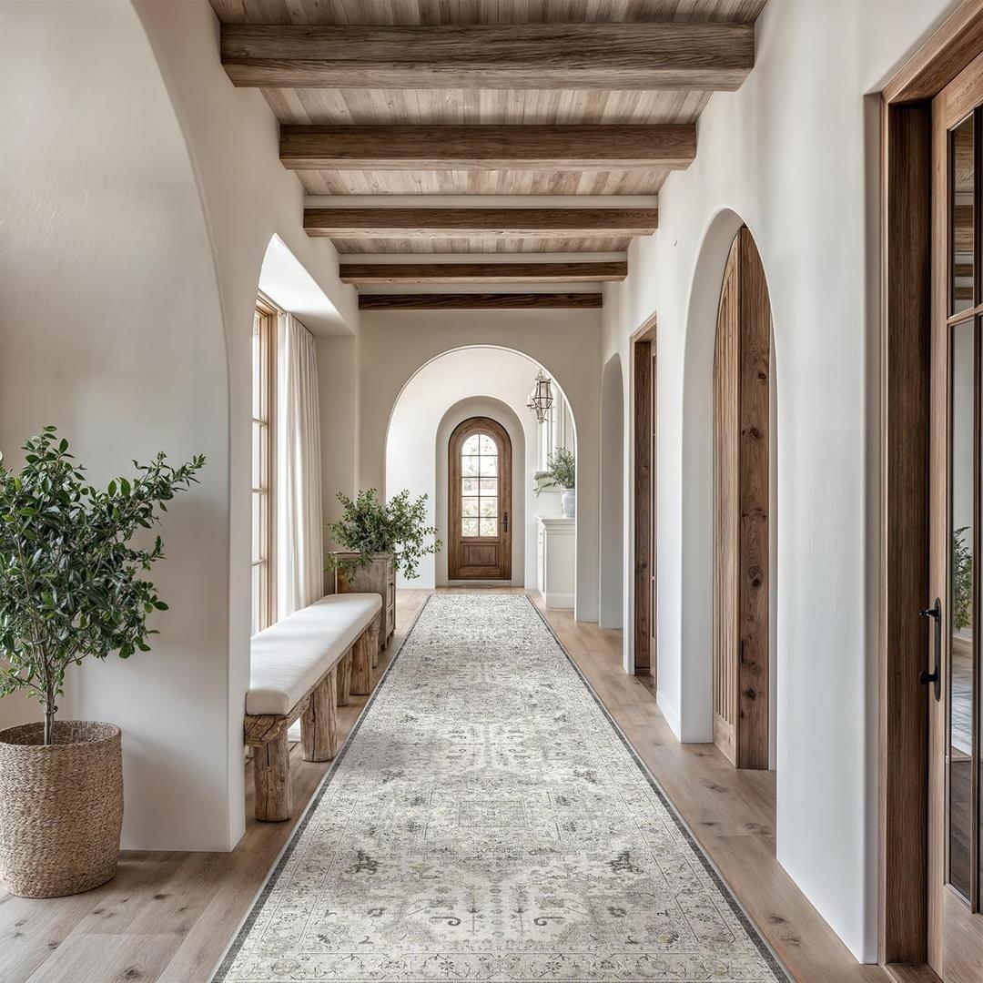 Madane Hallway Runner Rug 2'6''x14' Kitchen Runner, Non Slip Vintage Runners for Hallways Washable Kitchen Rugs Soft Low Pile 2.5x14 ft Rug Runner for Laundry Room, Entryway and Bedroom, Ivory/Brown