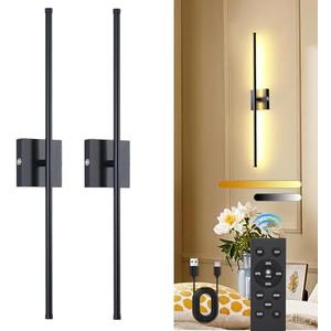 TPSHPTS Battery Operated Wall Sconces Set of 2, LED Rechargeable Wall Light with Remote Control, 3 Colors Dimmable, 350° Rotate, Black Wireless Wall Lamp for Bedroom Living Room, 28.3 Inch