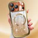 Misscase for iPhone 17 Pro Max Case,with Privacy Screen Protector,Compatible with MagSafe,Bling Glitter Cute Curly Wave Border Phone Cover for Women Men, Drop Protection Anti-Slip Golden