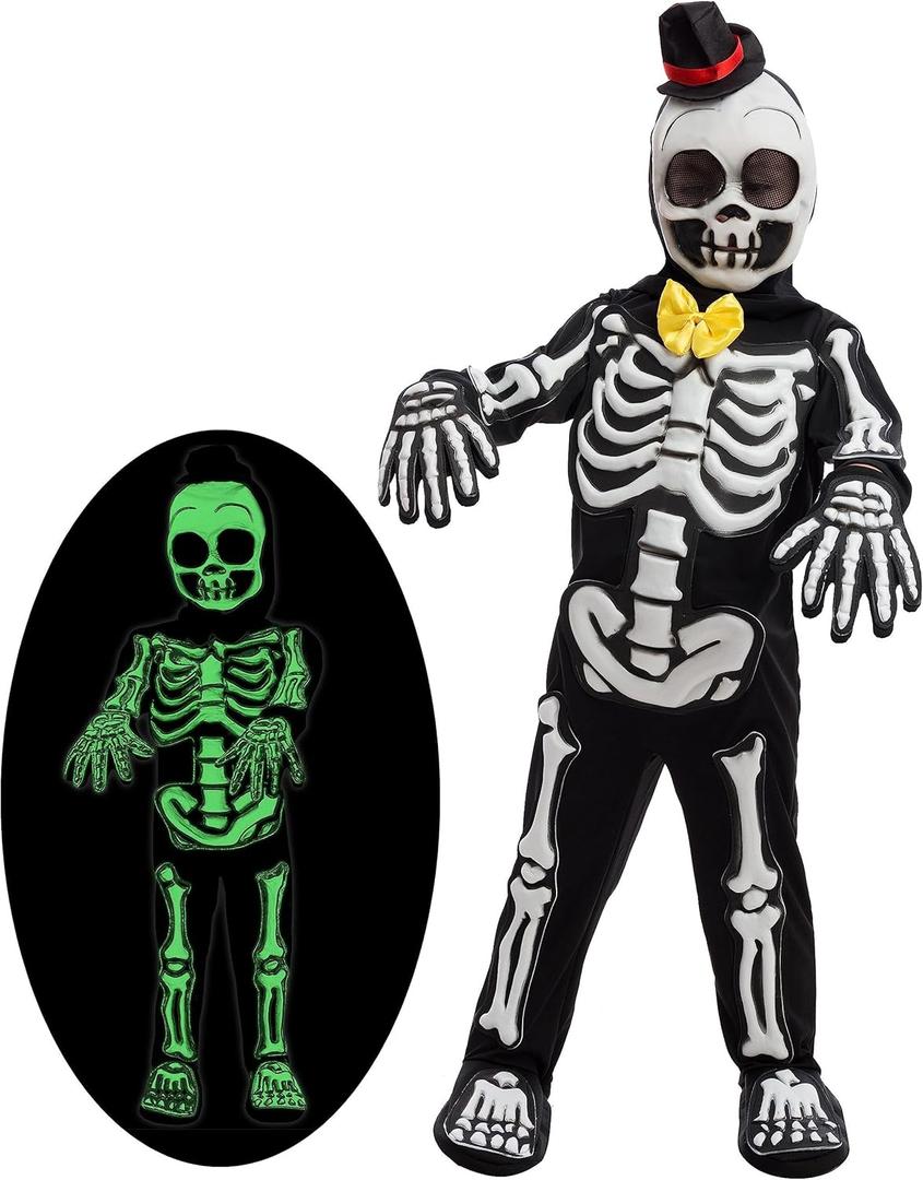 Spooktacular Creations Glows in the Dark Skeleton Costume for Boys, Halloween Skeleton Costume, Bone Jumpsuit for Kids (Medium(8-10yr))