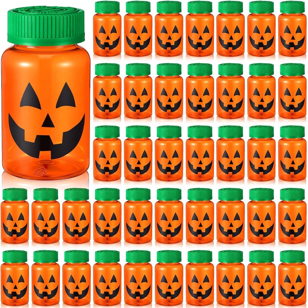 Mimorou 48 Pcs Halloween Pumpkin Containers for Candy 3.5 oz Trick or Treat Candy Jar with Lid Empty Fillable Plastic Potion Bottles Holder Mini Jack O Lantern Pumpkin Jars for Halloween Party Favors