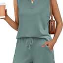 Rapbin Two Piece Short Sets for Women Sleeveless Matching Lounge Set V Neck Tops and Drawstring Shorts Summer Outfits (Blue, M)