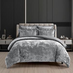 Fredsure Distressed Velvet Comforter Set, 5 Pieces Dark Grey Queen, Distressed Velvet Face and Brushed Microfiber Reverse