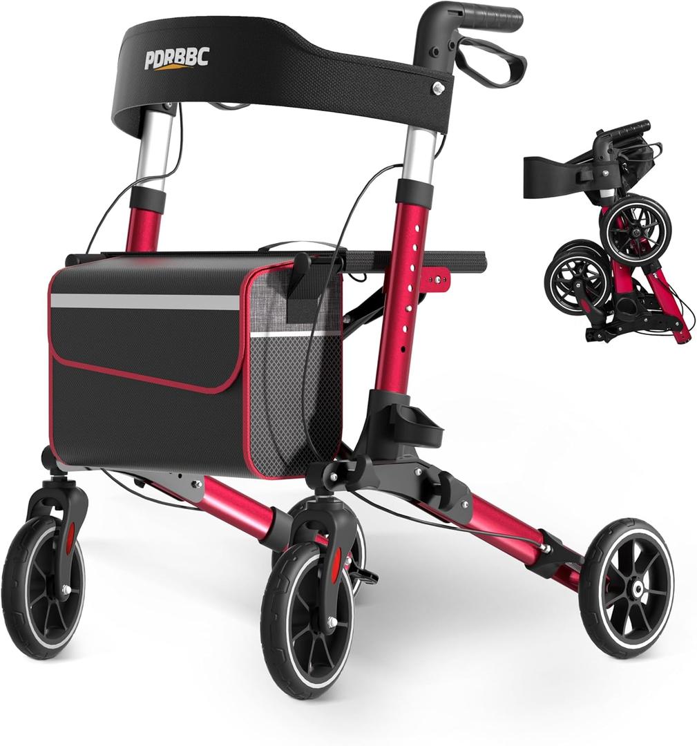 Rollator Walkers for Seniors with Seat, Rollator Walker with Seat and Brakes, Equipped All Terrain 8''PVC Rolling Wheel & Basket, Lightweight and Foldable Aluminum Alloy Frame, Height Adjustable, Red