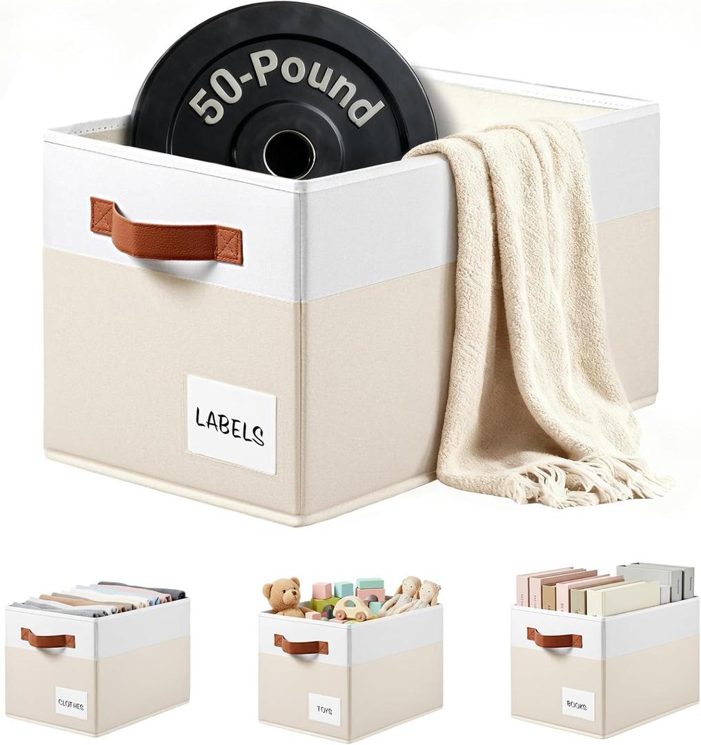 4 Pack Large Closet Storage Baskets for Shelves - 14x10 Heavy Duty Closet Shelf Organizer Bins with Handles & Labels - Decorative Collapsible Baskets for Organizing Living Room Bedroom Nursery Dorm (Beige with White)