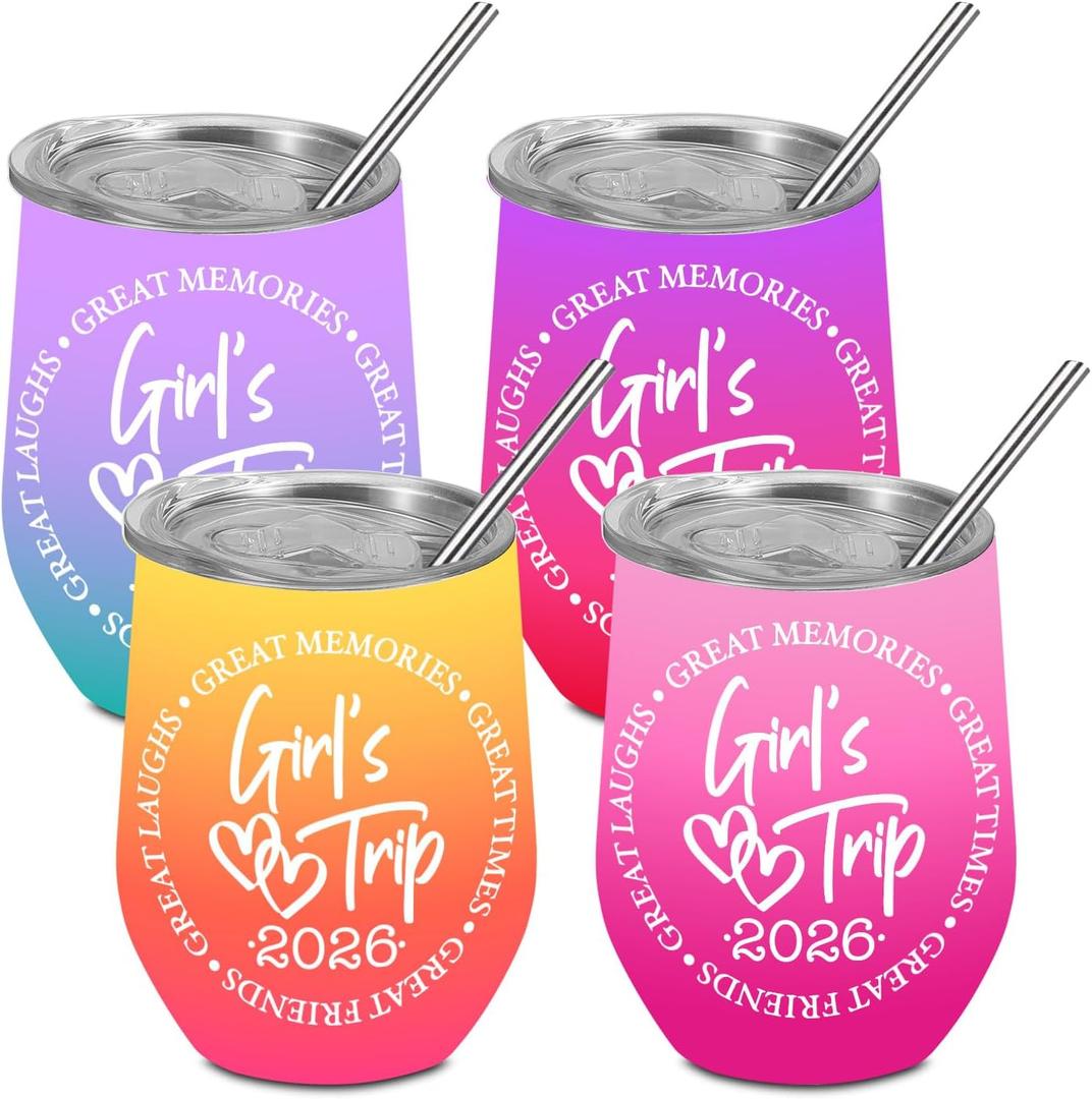 4 Pcs Girls Trip Wine Tumbler With Lid, 12 OZ Stainless Steel Tumbler, Girls Trip Gifts Favors Insulated Coffee Cup, Travel Mug Weekend Gifts for Friendship Vacation Bachelorette Party