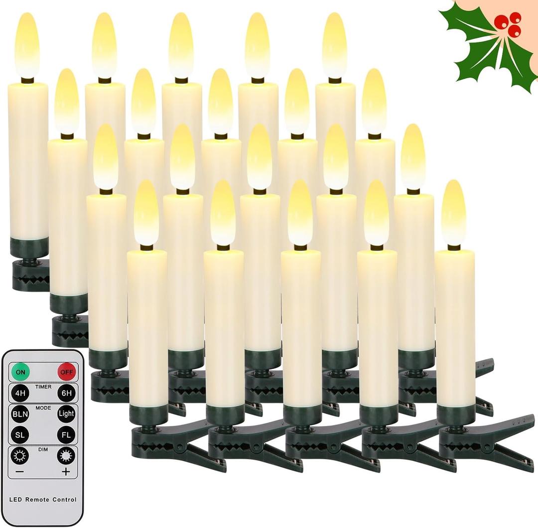 FPOO 20 PCS Christmas Tree Candles Lights Flickering,Clip on Candle Battery Operated Taper Candle Stick with Timer,Mini Flameless Candles for Wreath Candelabra Waterproof Outdoor