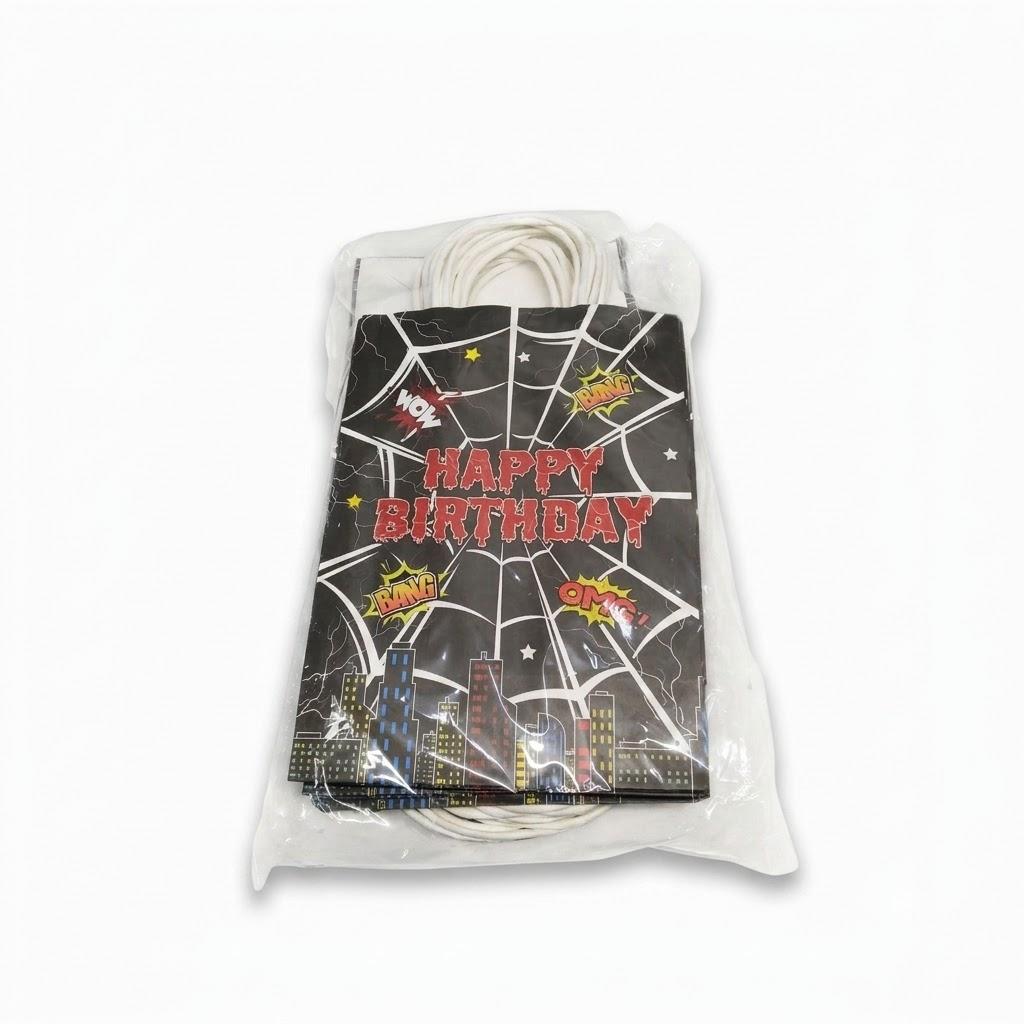 KMZFPYJ 24 Pcs Black Spider Party Gift Bags, Spider Theme Party Favor Bags, Kraft Birthday Favors Candy Bags with Handle, Double Sided Printed, Cartoon Birthday Party Decorations (8.27"×3.2"×5.91")