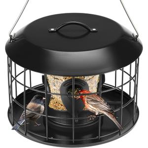 Kingsyard Mesh Caged Bird Feeders for Outdoor Hanging, Tube Squirrel Proof Bird Feeders with Tray for Small Birds Finches Bluebird, Rain Proof Covered, 4 Feeding Ports, Black