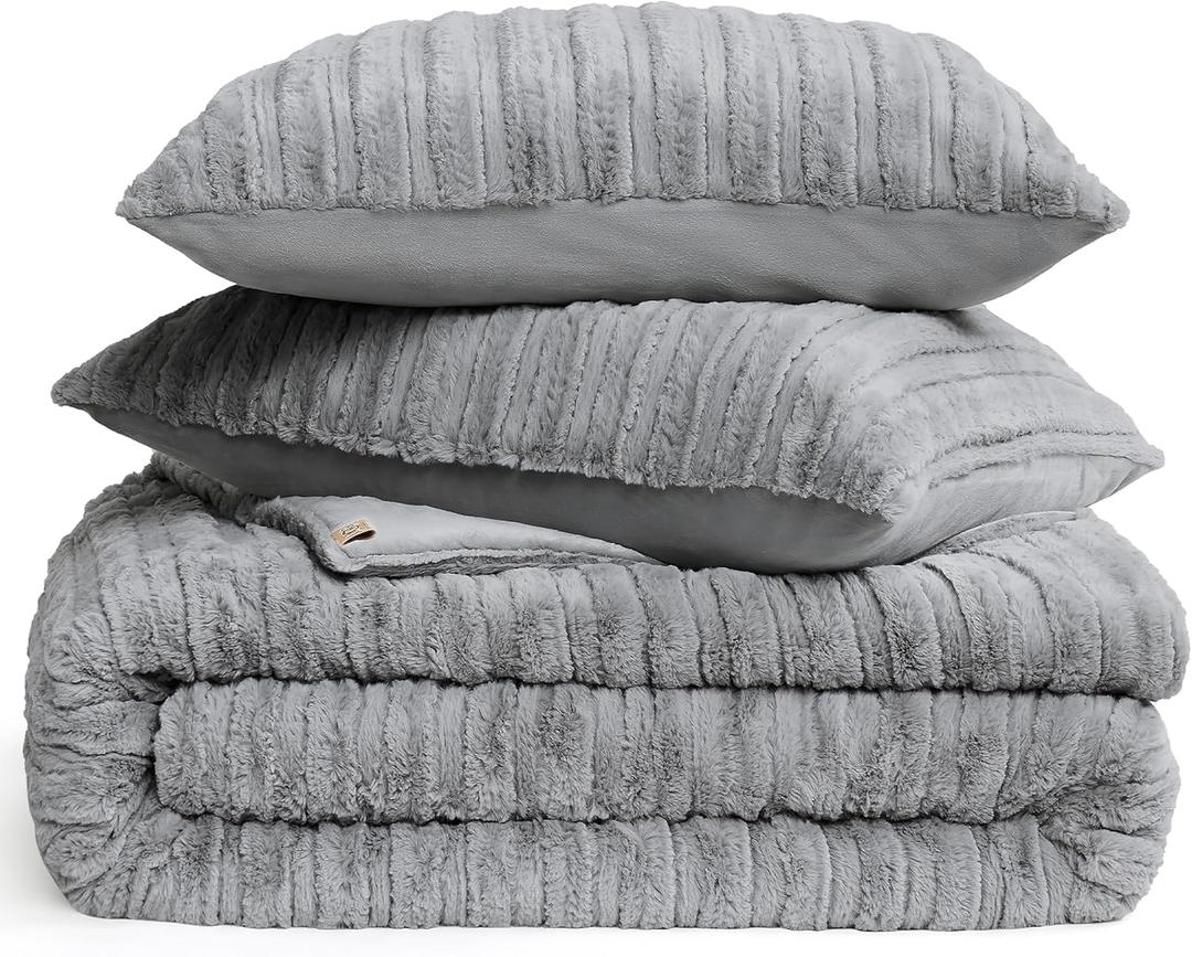 UGG King Comforter Set with 2 Pillow Shams Plush Faux Fur Bedding Soft Warm Down Alternative Comforter Washable Hypoallergenic Fluffy Blanket Set for Bedroom, California/King Size, Grey (Kenzie)