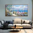 Blue Coastal Wall Art Ocean Canvas Flowers Painting Landscape Sailboat Picture White Yellow Artwork Modern Seascape Large Framed for Living Room Bedroom Home Office Decor Size 29x58 Inches