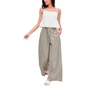 Yeokou Women's Wide Leg Pants Drawstring Striped Cotton Mid Rise Casual Long Palazzo Trousers with Pockets (Beige, L)