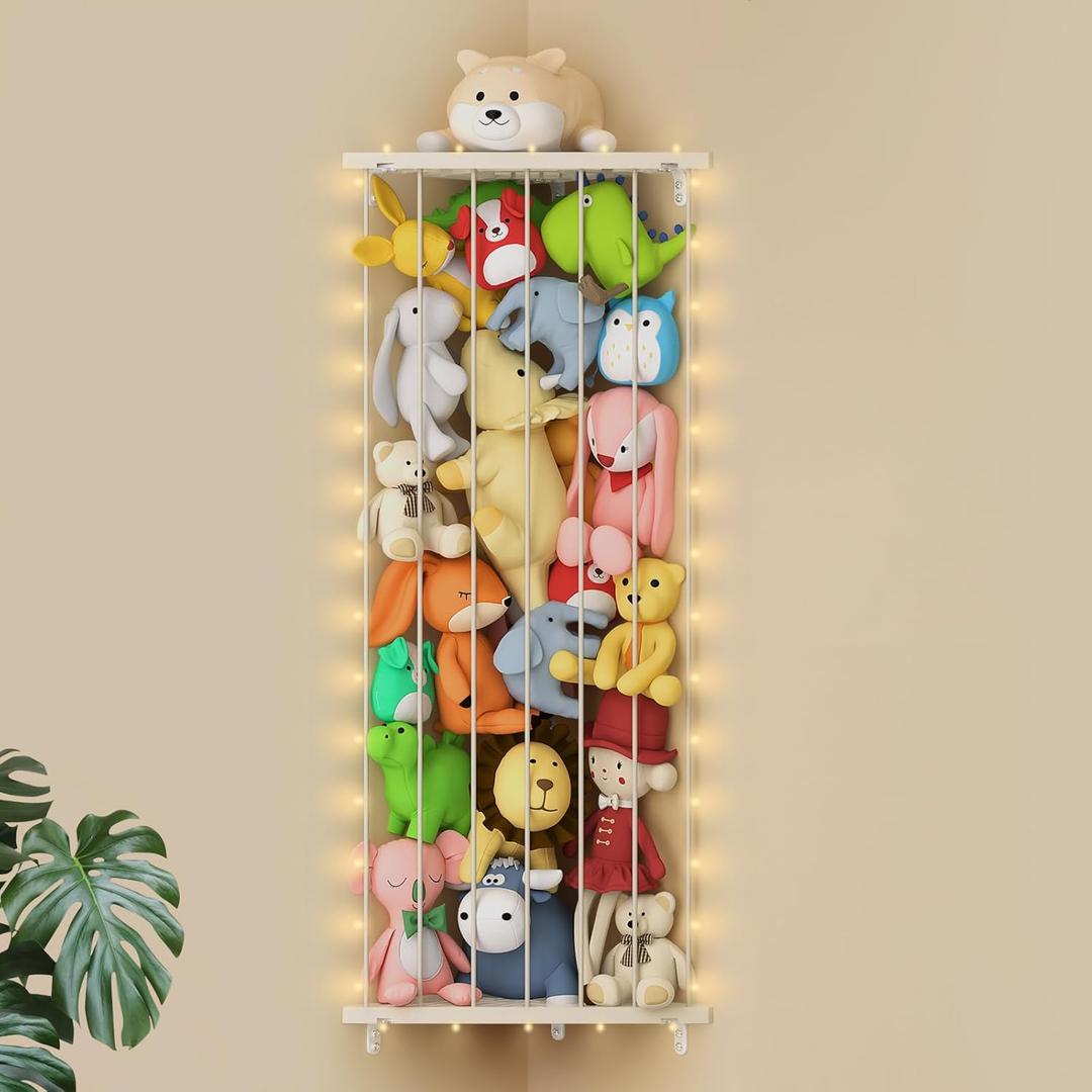 Corner Stuffed Animal Storage Net - Stuffed Animals Holder with Light - Plush Organizer Hanging Stuffed Animal Hammock with Adjustable Length for Bedroom