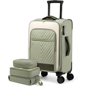 LOVEVOOK Carry On Luggage 22x14x9 Airline Approved,20 Inch Carry-on Suitcase for Women,Softside Suitcases with Wheels,Rolling Checked Luggage with TSA Lock,Lightweight Travel (Bean Green/Rice White)