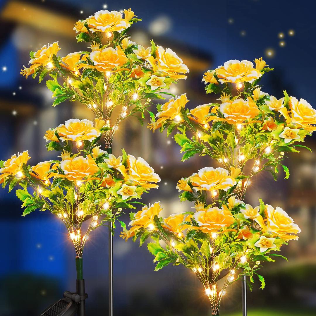 Neporal Solar Garden Lights Outdoor Waterproof IP65 4PK Dusk to Dawn Carnation Solar Flower Lights for Garden Decor Yard Decor Patio Decor, Garden Solar Lights Outdoor Gardening Gifts