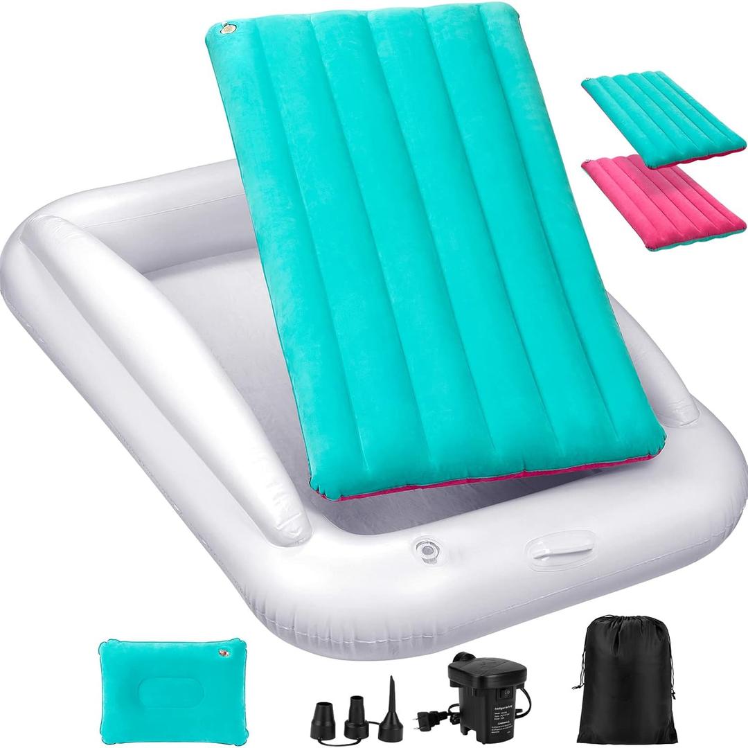 Inflatable Toddler Travel Bed, Portable Toddler Bed | Kids Air Mattress with Sides | Reversible 2 Colors Kids Blow Up Mattress -Mint Green & Pink